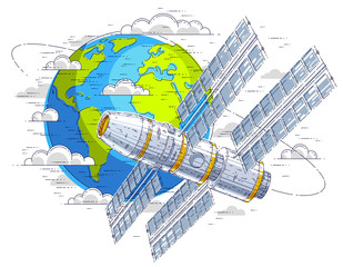 Space station flying orbital spaceflight around earth, spacecraft spaceship iss with solar panels, artificial satellite. Thin line 3d vector illustration.