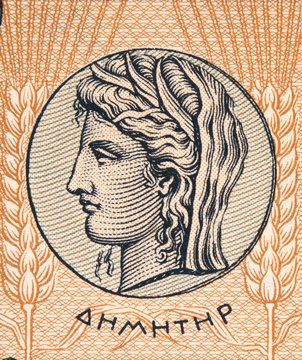 Goddess Demeter on old Greece 10 drachma (1940), vintage retro engraving. Ancient Greek Olympian deity, goddess of harvest and Fertility.