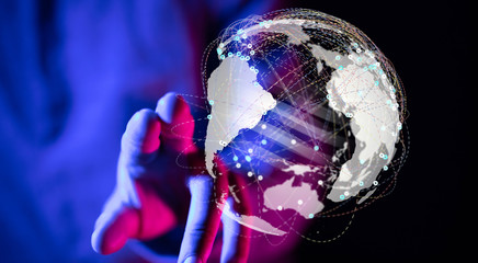 touching global network and data exchanges over the world 3D rendering