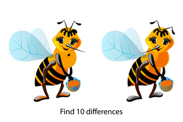 Vector cartoon drawing find 10 differences. Character bee with a bucket of honey, illustration develop attentiveness , for preschool and primary school children.