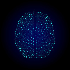 Concept of a human brain from luminous points and lines. .Top view of two hemispheres. Shape isolated on dark background. Vector illustration