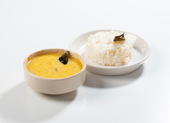 Indian Traditional Cuisine Kadhi Chawal Also Know as Curry Chawal, Yogurt Curry with Rice on White Background