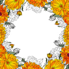 Obraz premium Floral frame of yellow, orange flowers calendula and green leaves on white background. Copy space. Hand drawn. For design, greeting cards, wedding invitations. Vector stock illustration.