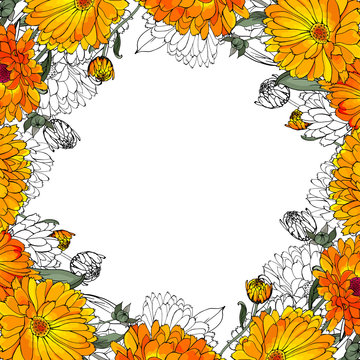 Floral frame of yellow, orange flowers calendula and green leaves on white background. Copy space. Hand drawn. For design, greeting cards, wedding invitations. Vector stock illustration.