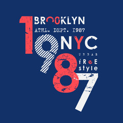 Brooklyn New York City Brooklyn 1987 Typography. T-shirt print, label, apparel, poster, badge. Grunge style. vector illustration. Elements for design.