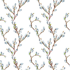 Seamless continuous pattern of realistic willow branches in spring Easter time with blooming buds. Watercolor hand painted elements isolated on white background.