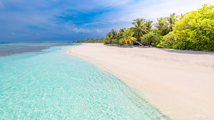 Idyllic summer beach scenery, Maldives island coastline with palm trees over white sand under blue sky © icemanphotos