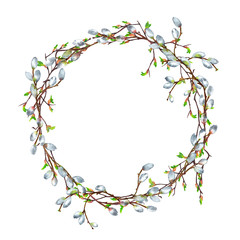Obraz na płótnie Canvas Round wreath of realistic isolated willow and birch branches in spring time with blooming buds. Easter symbol. Watercolor hand painted elements isolated on white background.