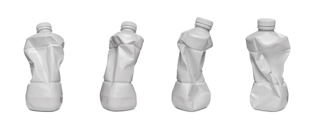 Biała zgnieciona plastikowa butelka na białym tle