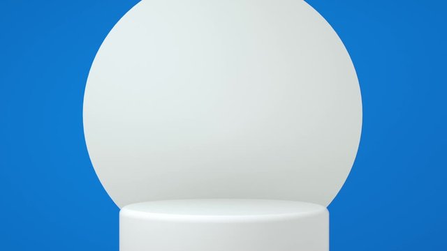 White product display platform appearing on a blue background with a white circle for added focus. 3D rendering. Bright colors