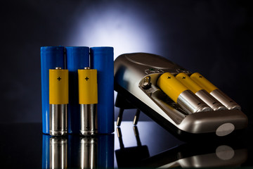 Batteries of different sizes next to the charger on a black background.