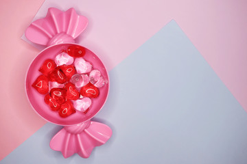 Gift box in the form of candy with figures of hearts. February 14 Valentine's Day, Mother's Day