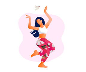 Fototapeta na wymiar Happy dancing girl or woman dancing outdoor vector illustration. Morning dance. Aerobic fitness dance. 