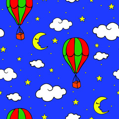 Seamless vector pattern with air balloons and clouds on blue background. Simple wallpaper design for children. Cartoon like moon and stars in sky.