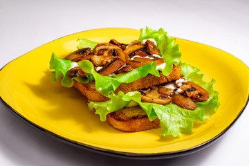 Bread toast with green leaves salads fried mushrooms and white sauce on a yellow plate on a white background