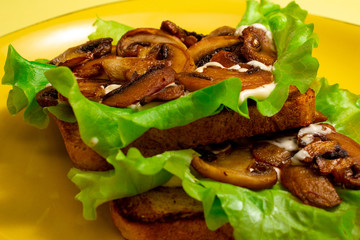 Bread toast with green leaves, salads, fried mushrooms and white sauce on a yellow plate