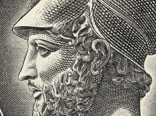 Pericles portrait on on old Greece 50 drachma (1955) close up macro. Famous politician, orator and general of ancient Athens during its golden age. Vintage engraving.
