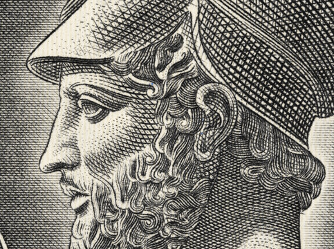 Pericles portrait on on old Greece 50 drachma (1955) close up macro. Famous politician, orator and general of ancient Athens during its golden age. Vintage engraving.