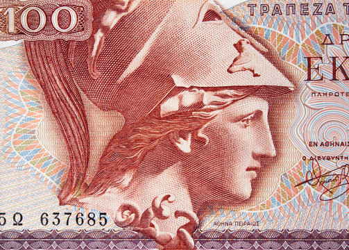 Goddess Athena on old Greece 100 drachma (1978) banknote, vintage retro engraving. Ancient Greek Olympian deity, goddess of wisdom, craft, and war.