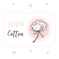 Cotton flower cute vector illustration, sketch, label, package design. Isolated on white background. Herbs. Organic ingredients. Eco friendly, vegan, vegetarian. Sticker, icon. Design elements.