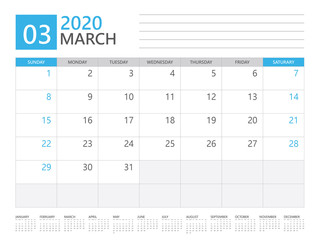 MARCH 2020 calendar planner set for template corporate design week start on Sunday. desk calendar 2020 design, simple and clean design, 12 months yearly calendar set vector layout