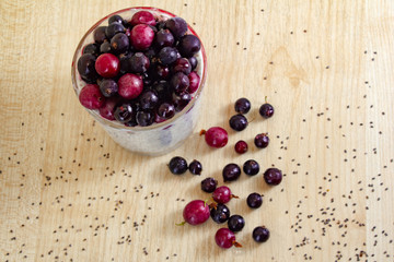 healthy breakfast of chia yogurt seeds and wild berries on a wooden background fitness food. copy space