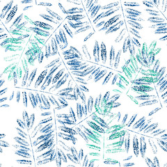 Pattern seamless with green blue leaves, on white background, for material, postcards, invitations, greeting cards, clothes, paper, holiday, wallpaper, textile. Painted in watercolor