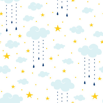 Seamless Vector Pattern With Clouds, Rain And Stars On White Background. Gentle Night Sky Children Wallpaper Design. Ideal For Fabric, Baby Clothes, Children Room Decoration.
