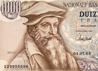 Gerardus Mercator (1512 - 1594) portrait on Belgium 1000 francs (1965) banknote. Famous cartographer, inventor of Mercator map projection. Vintage engraving.