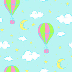 Seamless vector pattern with hot air balloon on light blue background. Children cartoon style wallpaper design. Moon, stars and clouds in sky.