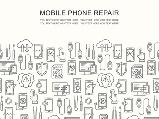 Mobile repair service, phone fix pattern with place for text. Smartphone common issues, repair, accessories background. Mobile service thin line flyer. Electronic equipment and technology