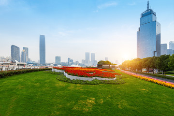 Gardens and skyscrapers at the Bund Plaza in Shanghai, China