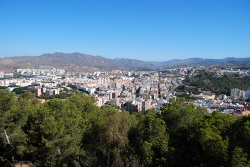 Fototapeta na wymiar Elevated view over the city looking North West from the castle, Malaga, Spain.