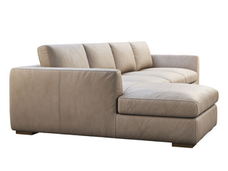 Chalet modular beige leather upholstery sofa with chaise lounge. 3d render.