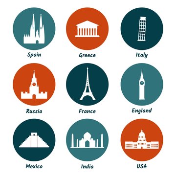 World attractions icon set. Flat icon collection