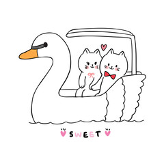 Cartoon cute Valentines day white cats lover and Pedal  boat vector.
