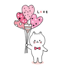 Cartoon cute Valentines day  cat and balloon hearts vector.