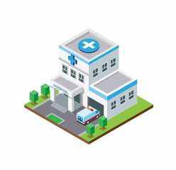 Hospital building with ambulance car. Flat Isometric style illustration editable vector