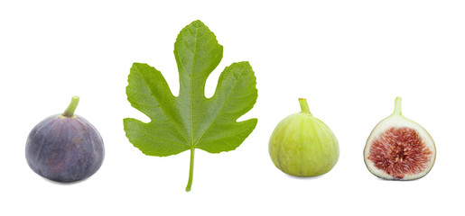 set collections of the Ripe sweet figs (ficus carica) and green leaf isolated on white background