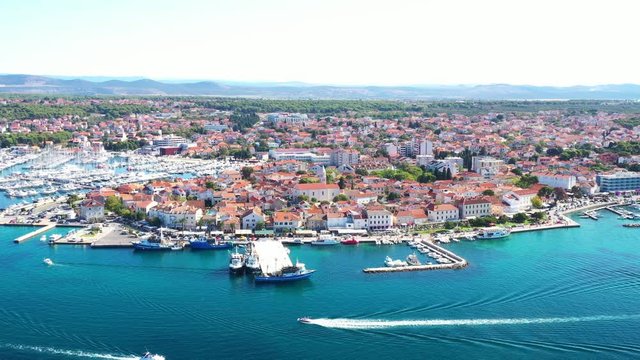 Croatia, town of Biograd on the Adriatic sea, drone footage of historic town center and yachting marina