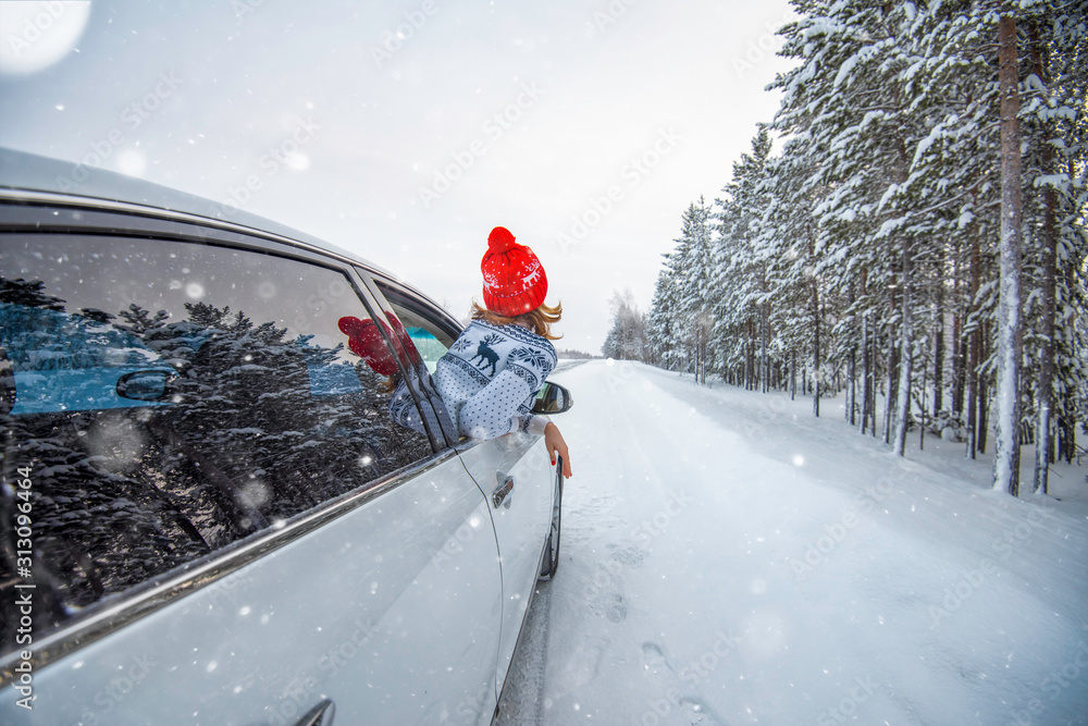 Wall mural car on road in winter