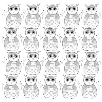 Pattern of owls drawn in black lines. Drawing of birds, owl family.