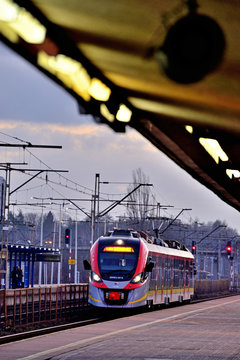 Passenger train at the station. Koluszki, Poland.	