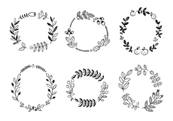 Hand drawn ink wreath collection. Vector floral wreaths on white background. Botanical set with round frames with flowers, leaves, branches and plants