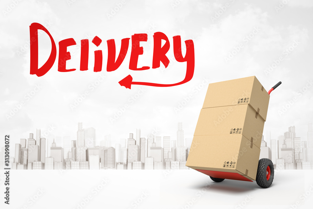 Poster 3d rendering of stack of cardboard boxes on hand truck and red title 'delivery' against background o