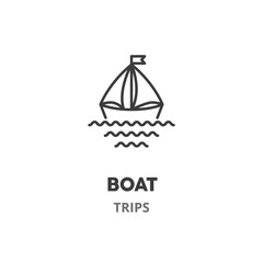 Boat thin line icon. Trip, adventure, rest, vector illustration, isolated on white background.