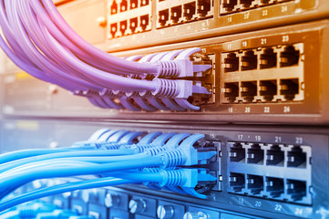 Server rack with blue and red internet patch cord cables connected to black patch panel in data...