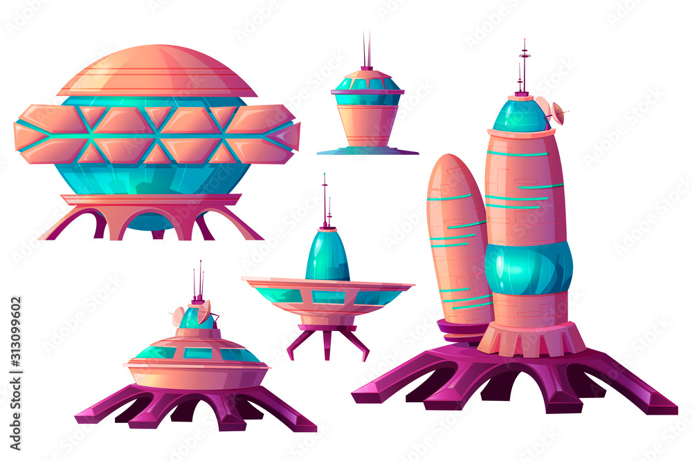 Poster space colonization cartoon vector set illustrations. spaceships and rocket or shuttle for universe e