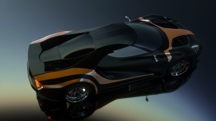 3d rendering ,black car on the mirror floor
