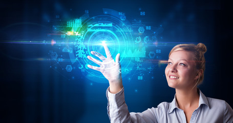 Woman touching hologram screen displaying medical symbols and charts